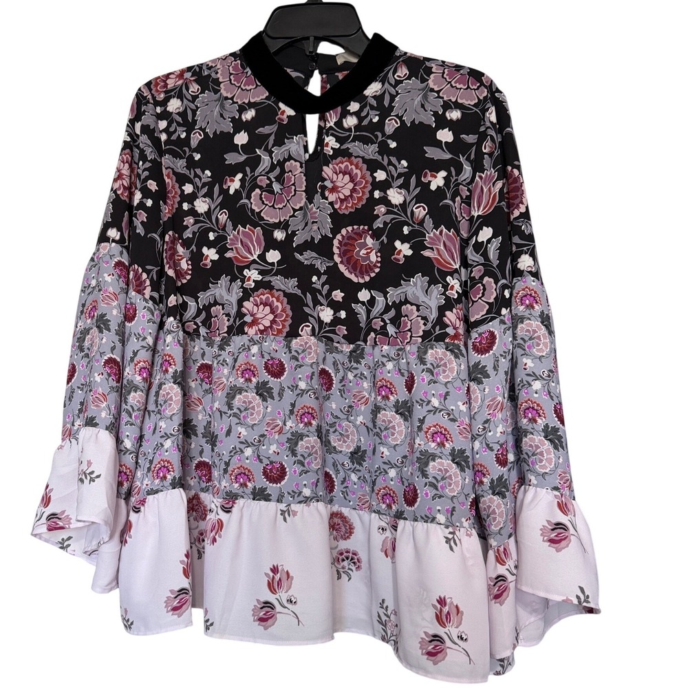 Loft Women M Floral Tiered Babydoll Blouse Velvet Trim Ruffle Sleeve Black Fairy